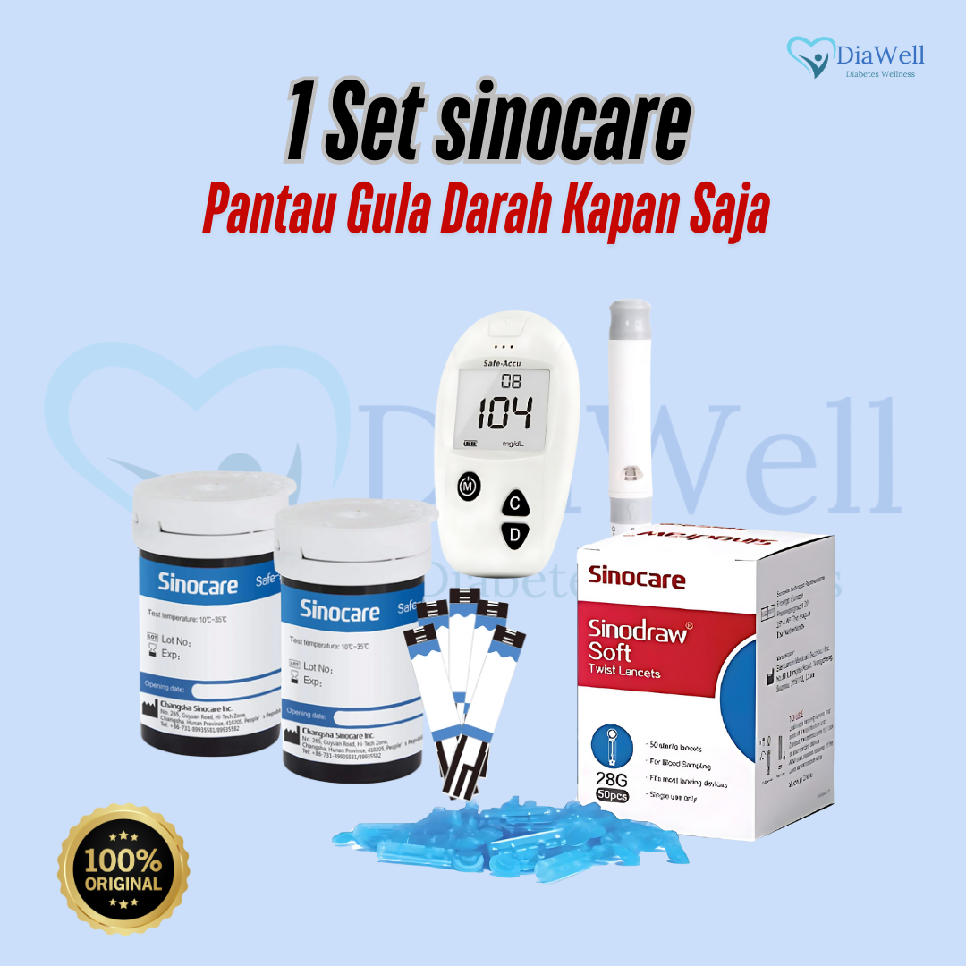 Sinocare 1 Set Alat Cek Gula Darah + Strip & Jarum Lancet | Glukometer Praktis, Cepat, dan Akurat